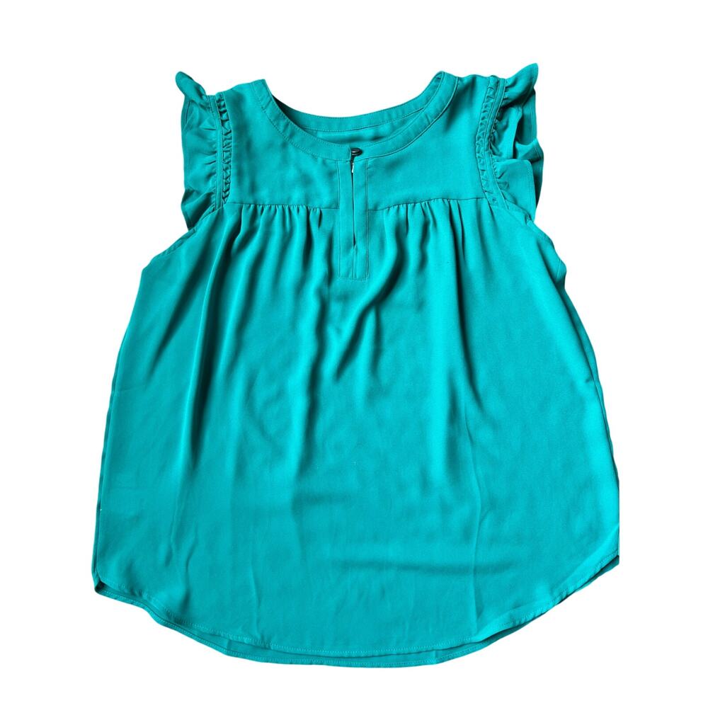 Women's LOFT Sleeveless Blouse, XS, Kelly Green. Ruffle Shoulder, Flowy - Picture 2 of 8